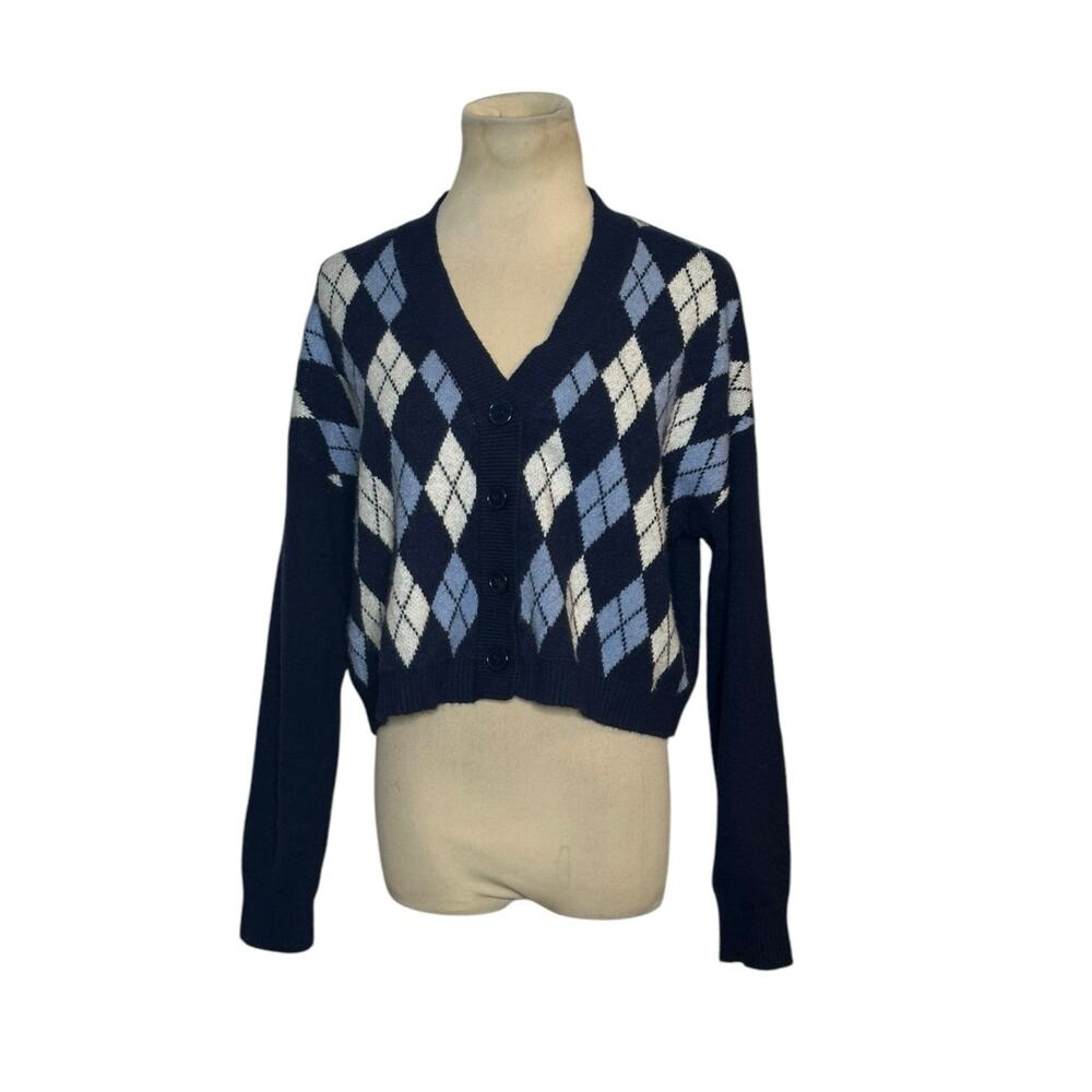 Witty Fox Blue & White Argyle V-Neck Buttoned Cardigan Size Large